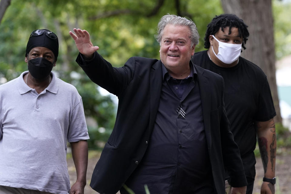 Former White House strategist Steve Bannon arrives at federal court for the second day of jury selection in his contempt-of-Congress trial, Tuesday, July 19, 2022, in Washington. (AP Photo/Patrick Semansky)