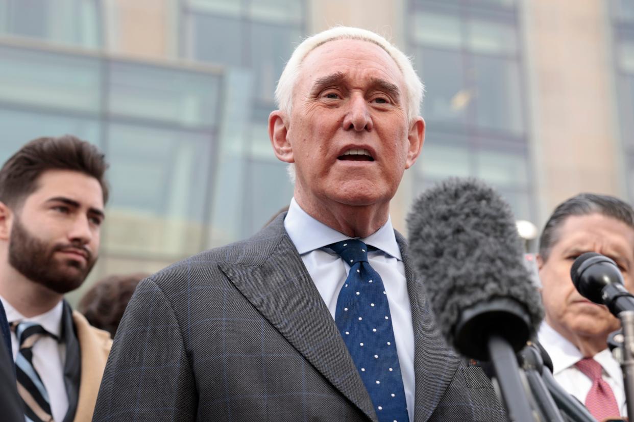 Roger Stone, a former adviser and confidante to former U.S. President Donald Trump, addresses reporters in Washington, DC on December 17, 2021.