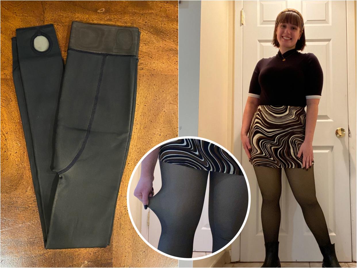 Side by side of black sheer tight leggings, Victoria Montalti wearing the tights with a skirt and sweater, and the tights being pulled to show their stretch.