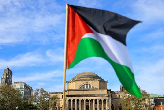 Palestinian flag waving in front of a building with a dome and city skyline in the background