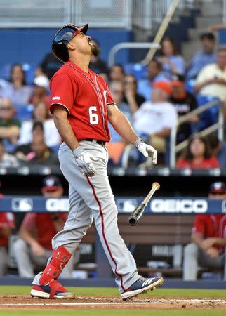 FILE PHOTO: Apr 20, 2019; Miami, FL, USA; Washington Nationals third baseman Anthony Rendon (6) reacts after being hit by a pitch in the third inning against the Miami Marlins at Marlins Park. Mandatory Credit: Steve Mitchell-USA TODAY Sports/File Photo