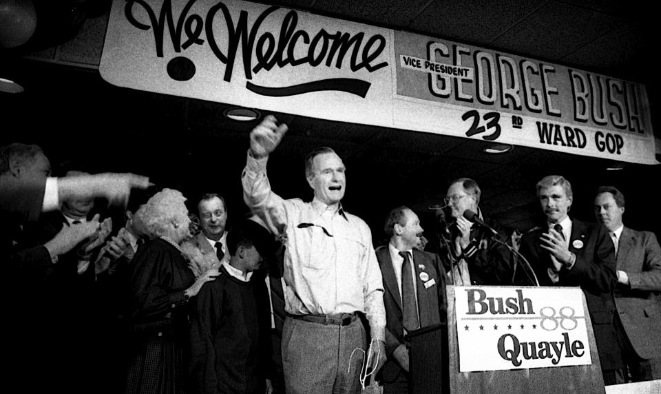 Vice President Bush holds a campaign rally in Chicago's 23rd Ward on Oct. 28, 1988.