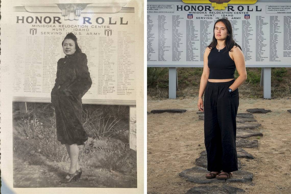 In this combination of photos, Rose Kokubu Fujisaki, grandmother of Tessa Fujisaki, is photographed in front of the Honor Roll at Minidoka in 1943 and Tessa Fujisaki poses at the same location in July.