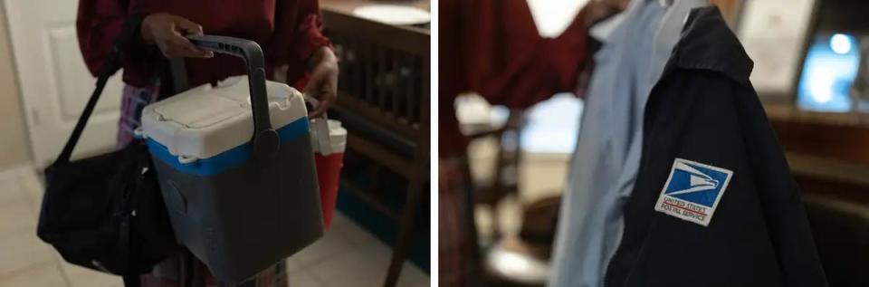 Left: Carla Gates holds Eugene's water cooler, which he would fill with drinks and ice for work. Right: Gates shows Eugene's U.S. Postal Service uniform, the same one he wore when he collapsed and died while delivering mail in June 2023.
