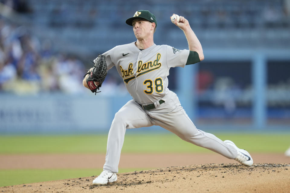 Oakland Athletics starting pitcher JP Sears (38) throws during the first inning of a baseball game against the Los Angeles Dodgers in Los Angeles, Thursday, Aug. 3, 2023. (AP Photo/Ashley Landis)