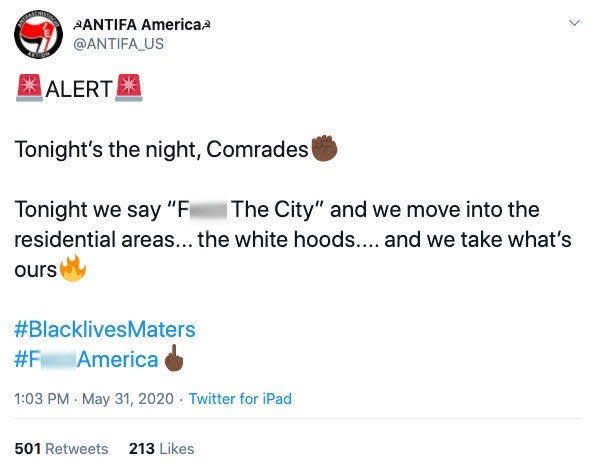 A screengrab of a tweet that Twitter says was posted by white supremacists posing as supporters of the left-wing anti-fascist movement antifa. 