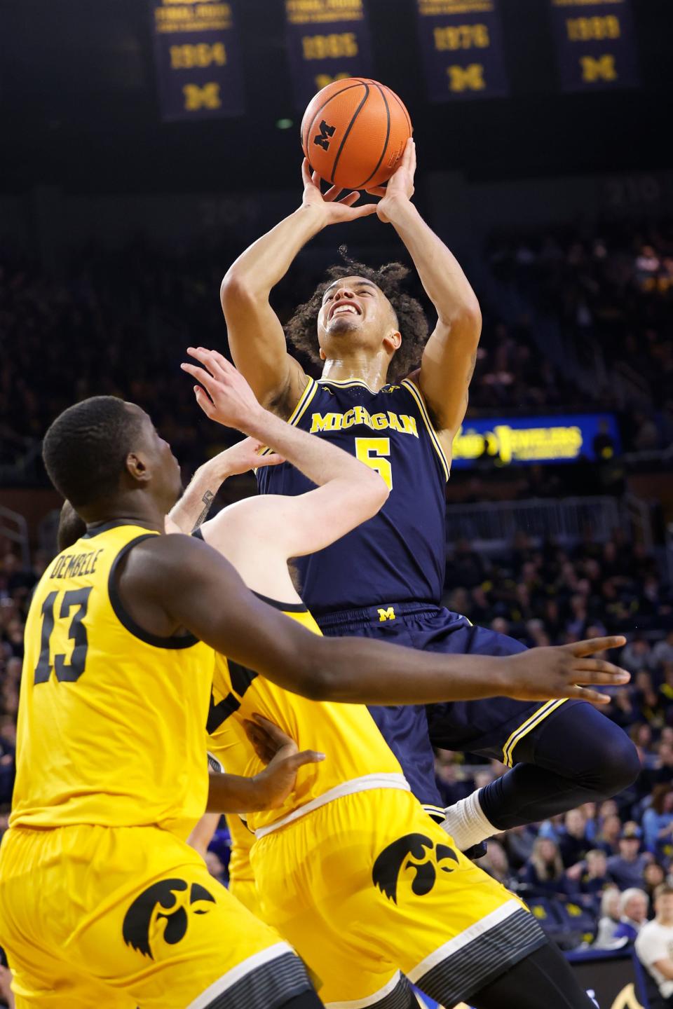 Michigan Wolverines forward Terrance Williams II (5) shoots in the first half against the Iowa Hawkeyes at Crisler Center in Ann Arbor on Saturday, Jan. 27, 2024.