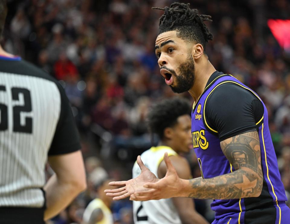 Los Angeles Lakers guard D’Angelo Russell (1) complains to referee Scott Twardoski (52) after a foul as Utah and Los Angeles play at the Delta Center in Salt Lake City on Saturday, Jan. 13, 2024. | Scott G Winterton, Deseret News