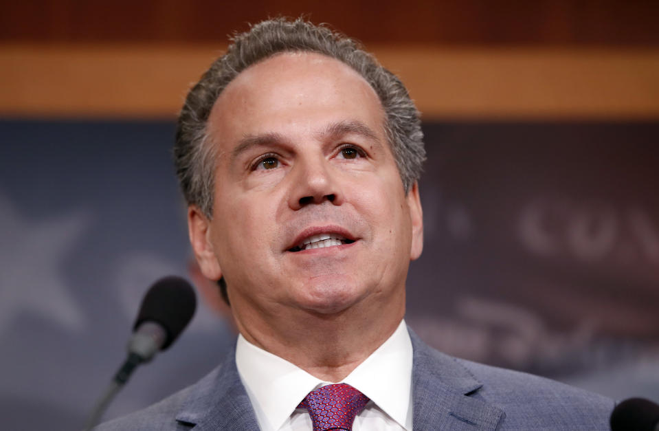 FILE — Rep. David Cicilline, D-R.I., speaks about President Donald Trump's first 100 days, during a media availability on Capitol Hill, Tuesday, April 25, 2017 in Washington. Cicilline said Tuesday, Feb. 21, 2023 that he will step down from his congressional seat this summer to lead the Rhode Island Foundation, his home state's largest funder of nonprofits. (AP Photo/Alex Brandon, File)