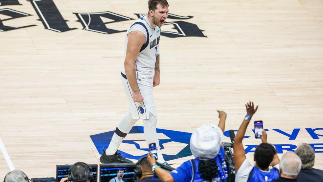 <div>Dallas Mavericks' Luka Doncic celebrates after scoring during the NBA first-round playoff match between Los Angeles Clippers and Dallas Mavericks in Los Angeles, the United States, April 23, 2024. (Photo by Zhao Hanrong/Xinhua via Getty Images)</div>