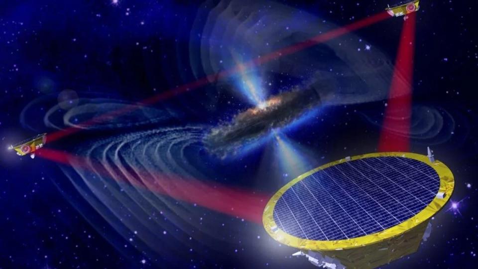 An artist's impression of the LISA detector, and the gravitational waves it will search for.