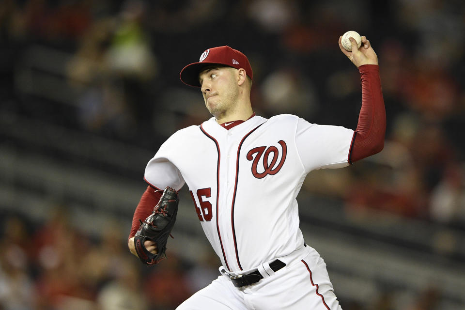 Washington Nationals starting pitcher Patrick Corbin delivers a pitch during the third inning of a baseball game against the Philadelphia Phillies, Monday, Sept. 23, 2019, in Washington. (AP Photo/Nick Wass)