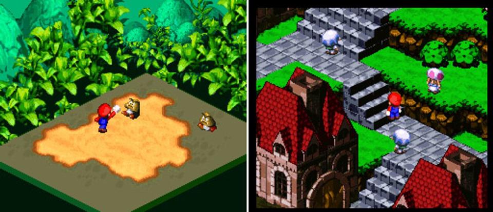 1996: Mario auf neuen Wegen - in den Augen mancher Kritiker sogar auf Abwegen: Mit seinem Ausflug ins Rollenspiel-Genre verstörte "Super Mario RPG: Legend of the Seven Stars" manche Oldschool-Fans. Nicht minder kurios: Mario bekommt in dem Rollenspiel Unterstützung von seinem Erzrivalen Bowser. (Bild: MobyGames)