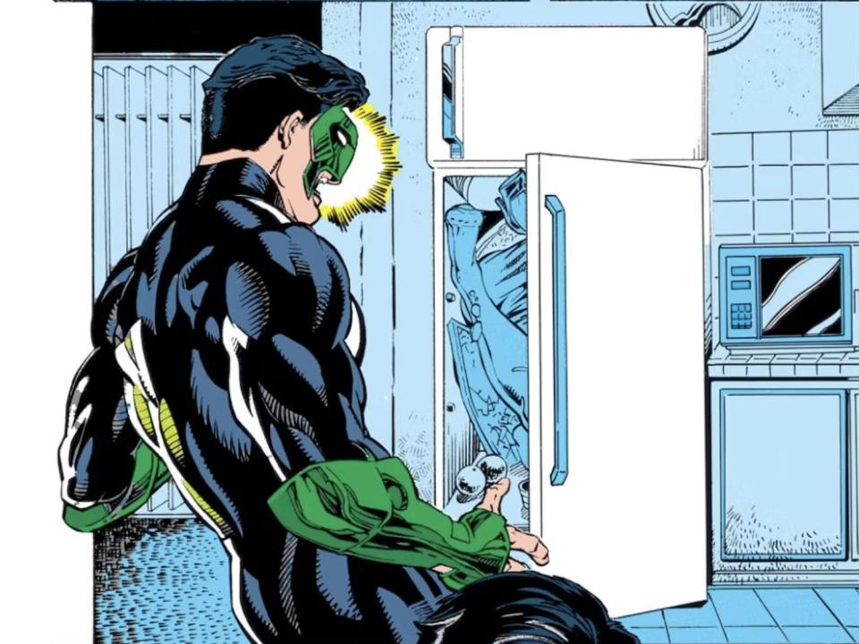 Kyle Rayner finding his girlfriend in a fridge.