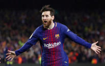 FILE PHOTO: Soccer Football - La Liga Santander - FC Barcelona v Real Madrid - Camp Nou, Barcelona, Spain - May 6, 2018. Barcelona's Lionel Messi celebrates scoring their second goal. REUTERS/Sergio Perez/File Photo