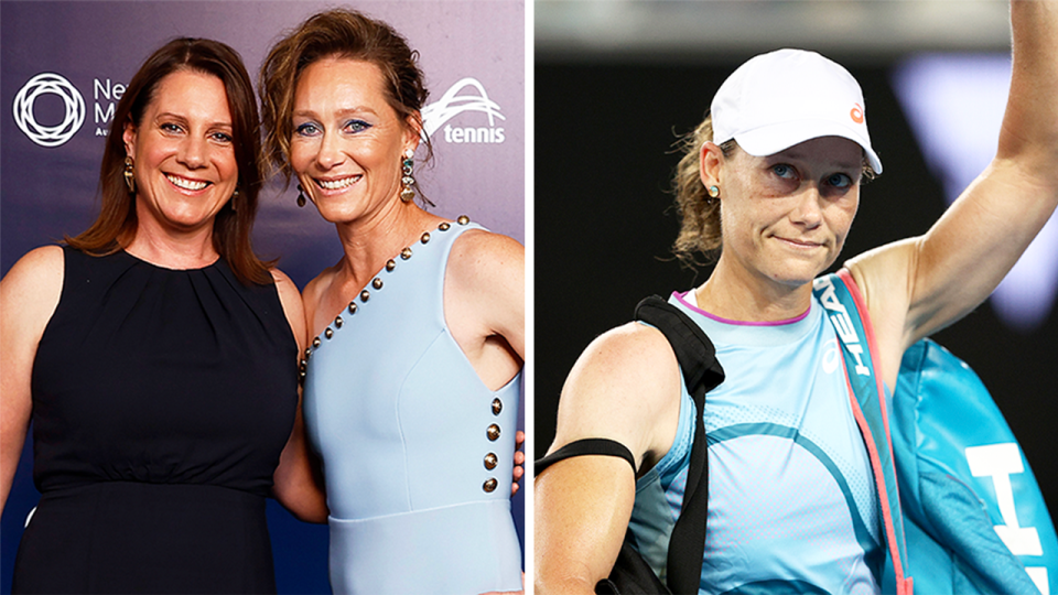 Sam Stosur (pictured right) waving to the Australian Open crowd and (pictured left) Stosur with partner Liz Astling.