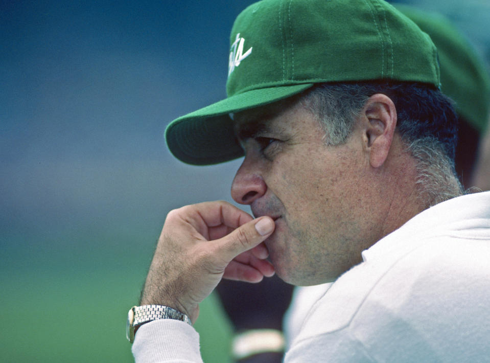 CLEVELAND, OH - OCTOBER 14:  Head coach Joe Walton of the New York Jets looks on from the sideline during a game against the Cleveland Browns at Cleveland Municipal Stadium on October 14, 1984 in Cleveland, Ohio.  The Jets defeated the Browns 24-20. (Photo by George Gojkovich/Getty Images)