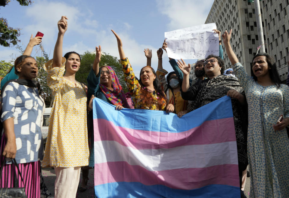 Members of Pakistan's transgender community take part in a protest in Karachi, Pakistan, Saturday, May 20, 2023. Transgender activists in Pakistan say they plan to appeal an Islamic court’s ruling that guts a law aimed at protecting their rights. The Transgender Persons (Protection of Rights) Act was passed by Parliament in 2018 to secure the fundamental rights of transgender Pakistanis. But the Federal Shariat Court struck down several provisions of the law on Friday, terming them “un-Islamic.” (AP Photo/Fareed Khan)