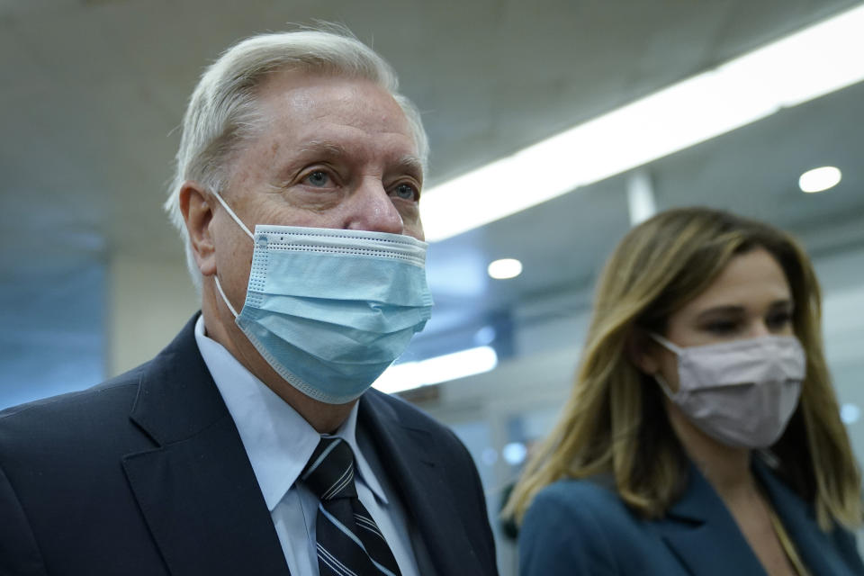 Sen. Lindsey Graham (R-S.C.) walks through the Senate subway on his way to the second day of former President Donald Trump's second impeachment trial at the U.S. Capitol on Feb. 10. (Photo: Drew Angerer via Getty Images)