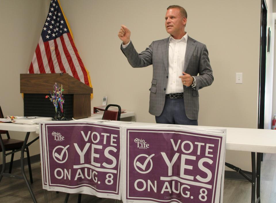 Ohio Right to Life President Mike Gonidakis encourages Marion County Republican Party members to vote in favor of Ohio Issue 1 during a rally on Thursday, July 13, 2023, in Marion. Issue 1 would change the way that the Ohio Constitution is amended if passed in the Aug. 8 special election. It would require a 60% majority vote to approve an amendment to the state constitution along with other provisions. A simple majority (50.01%) is currently required to amend the constitution.