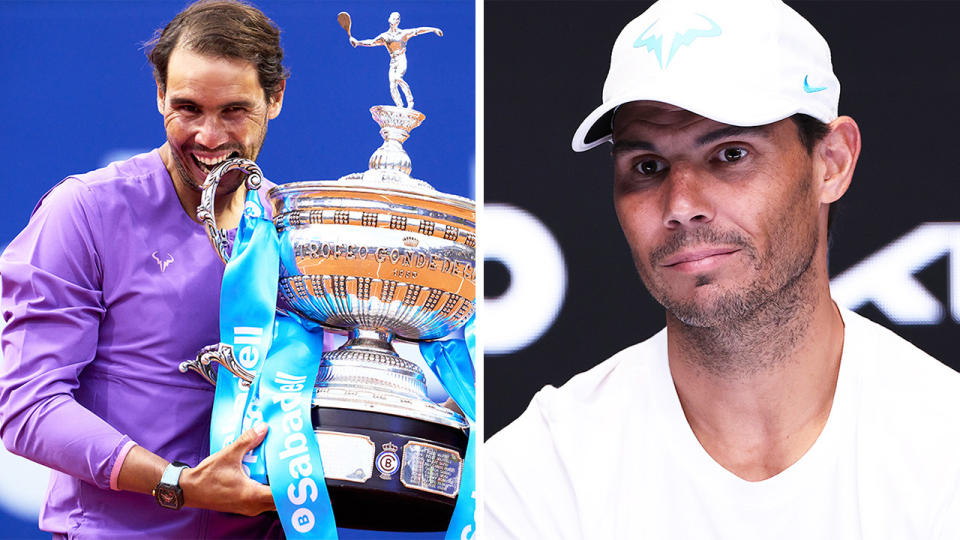 Rafa Nadal with the Barcelona Open title and Nadal during a press conference.