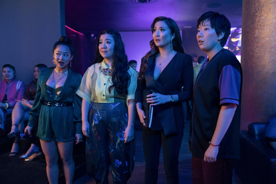 This image released by Lionsgate shows Stephanie Hsu as Kat, from left, Sherry Cola as Lolo, Ashley Park as Audrey, and Sabrina Wu as Deadeye in a scene from "Joy Ride." (Ed Araquel/Lionsgate via AP)