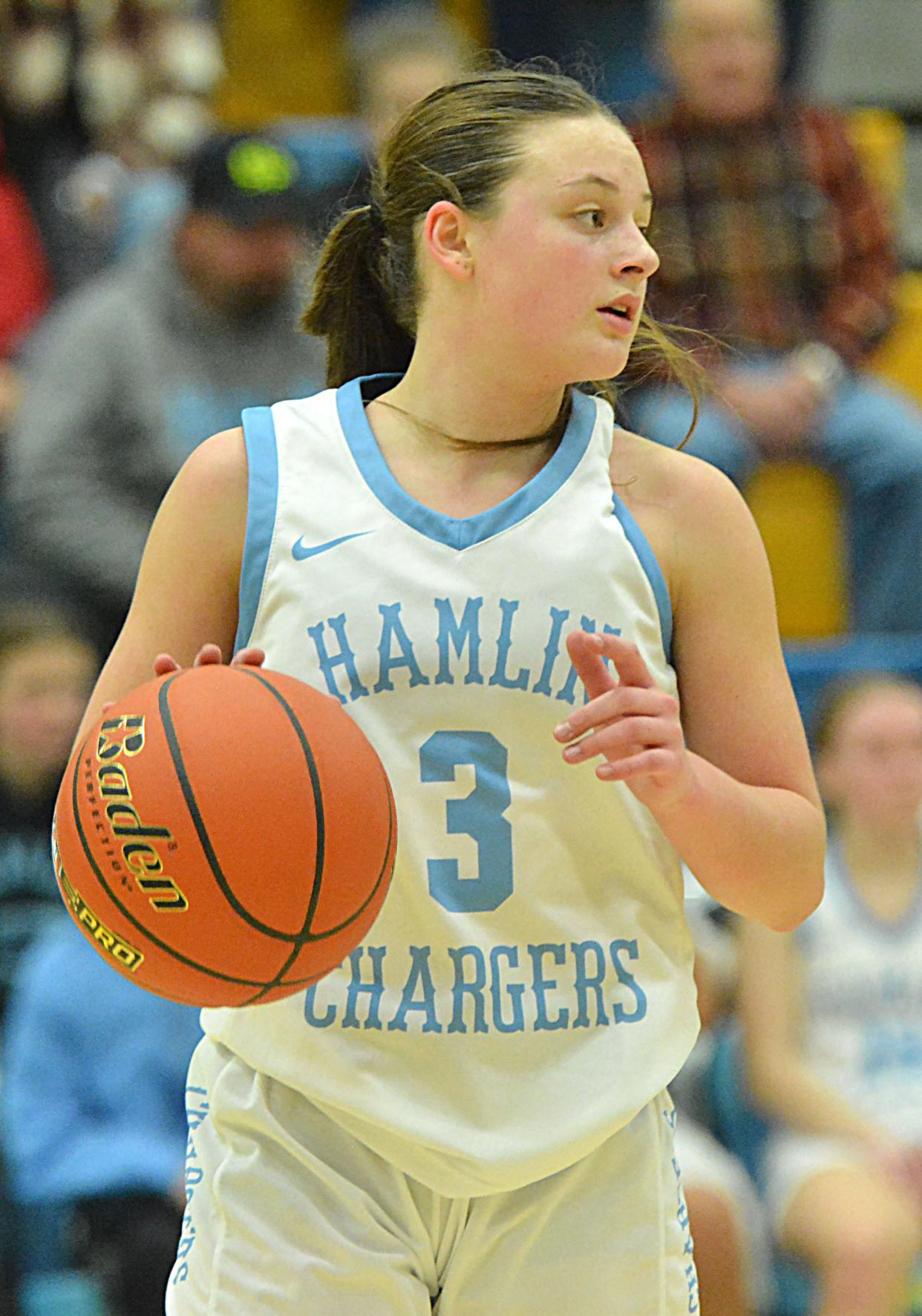 Hamlin's Addison Neuendorf handles the ball during a high school girls basketball game against Sioux Valley on Monday, Feb. 5, 2024 at the Hamlin Education Center.