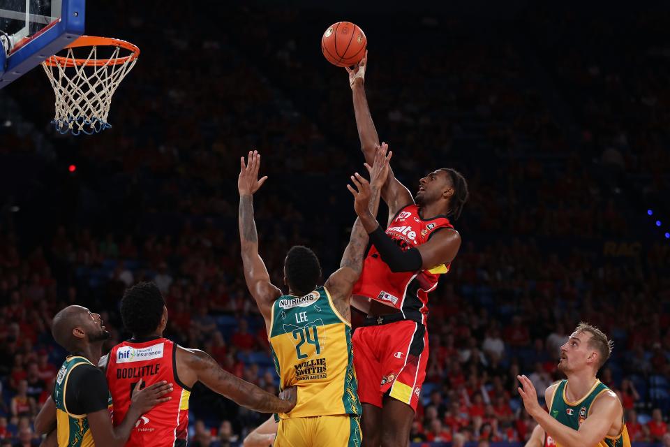 Alex Sarr puts a shot up during an NBL semifinal series between Perth and Tasmania at RAC Arena in Perth, Australia on March 13, 2024.