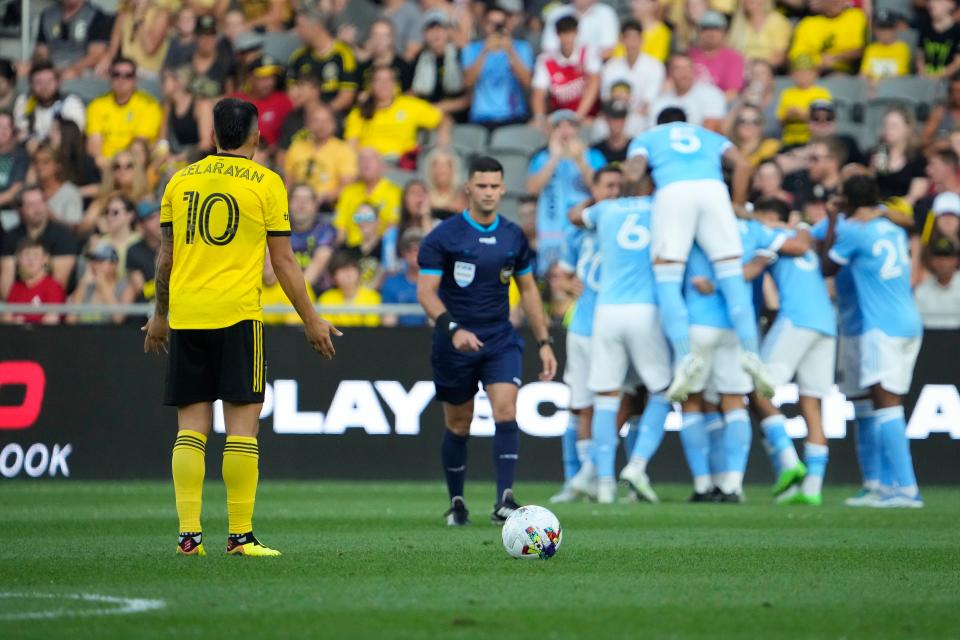 Aug 6, 2022; Columbus, Ohio, USA; Columbus Crew midfielder Lucas Zelarayan (10) reacts to a New York City goal during the first half of the MLS game between the Columbus Crew and New York City FC at Lower.com Field. Mandatory Credit: Adam Cairns-The Columbus Dispatch