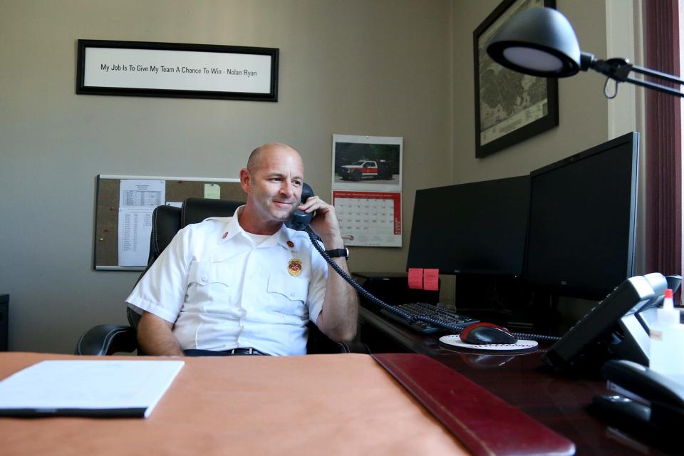Portsmouth Fire Chief Todd Germain enjoys his last day on the job at Portsmouth Fire Department on Wednesday, August 31, 2022.