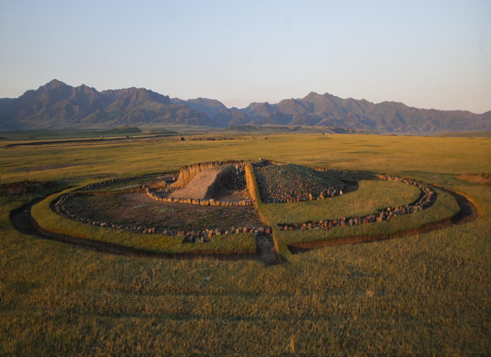 Golden artefacts discovered at Saka burial mounds in Kazakhstan will go on display at Cambridge's Fitzwilliam Museum. (Yevgeniy Domashev/ PA)