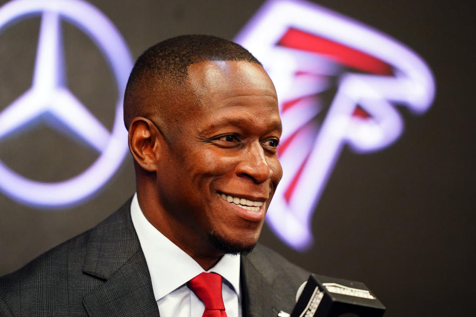 Feb 5, 2024; Atlanta, GA, USA; Raheem Morris is introduced as the new head coach of the Atlanta Falcons at Mercedes-Benz Stadium. Mandatory Credit: John David Mercer-USA TODAY Sports