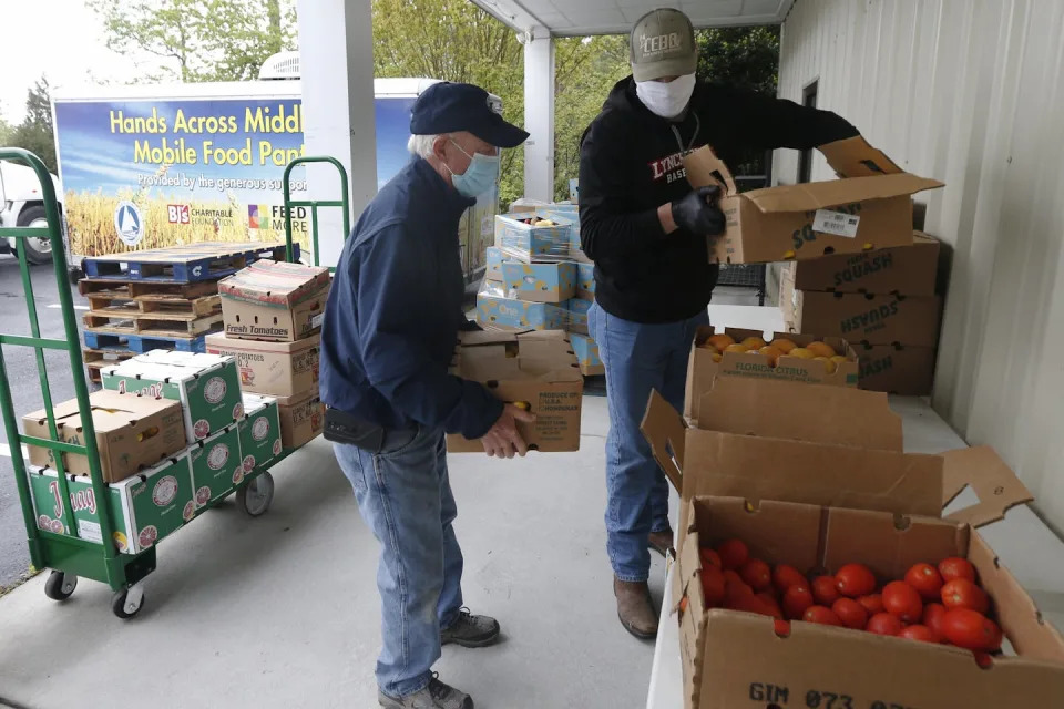 Food pantry volunteers wearing masks organize boxes of produce.