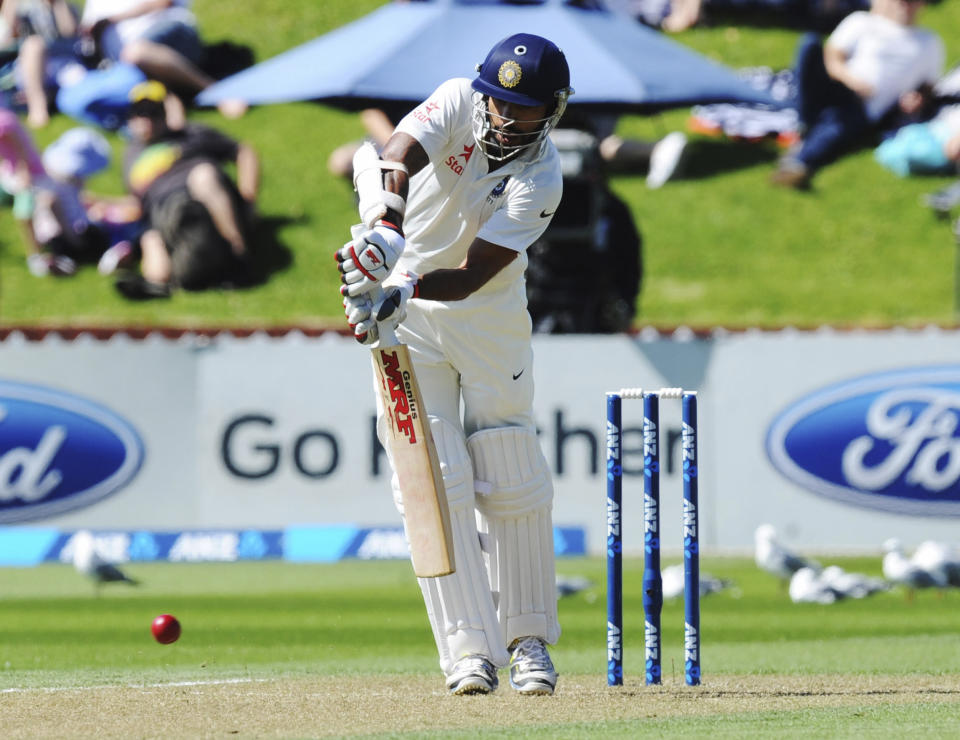 India’s Shikar Dhawan bats against New Zealand on the second day of the second cricket test in Wellington, New Zealand, Saturday, Feb. 15, 2014. (AP Photo/SNPA, Ross Setford) NEW ZEALAND OUT