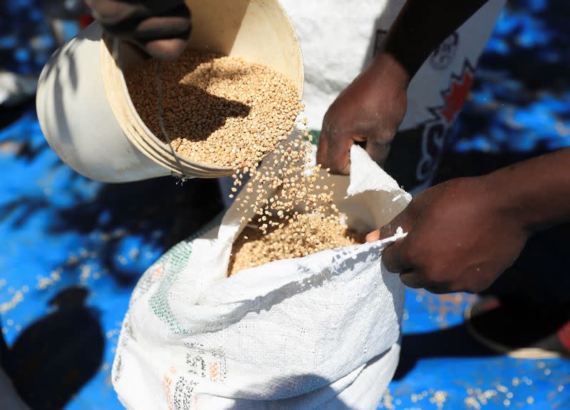 Villagers collect monthly allocations of food aid provided by WFP in Mumijo