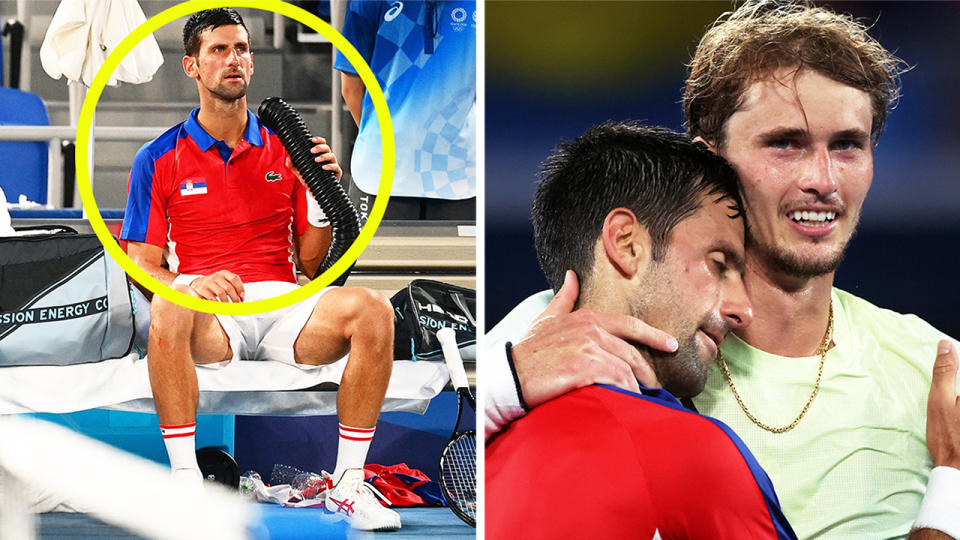 Novak Djokovic (pictured left) using a cold air machine in Tokyo and (pictured right) embracing Alexander Zverev after his Olympics loss.