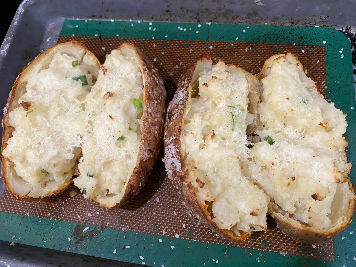 twice baked potatoes on a baking tray