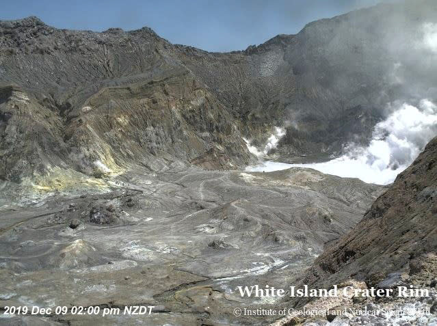 An aerial view shows the crater rim of Whakaari, also known as White Island, shortly before the volcano erupted in New Zealand