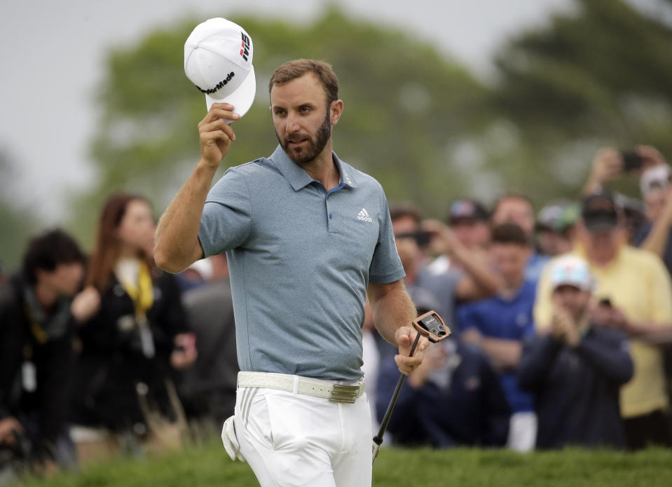 Dustin Johnson tips his hat after finishing the final round of the PGA Championship golf tournament, Sunday, May 19, 2019, at Bethpage Black in Farmingdale, N.Y. (AP Photo/Seth Wenig)
