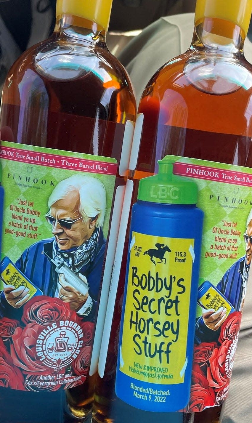 The Louisville Bourbon Club and Cox's & Evergreen Liquors collaborated on "Bobby's Secret Horsey Stuff," a limited edition bottle of Pinhook bourbon featuring a label that depicts Hall of Fame horse trainer Bob Baffert holding a syringe. Baffert is currently suspended from Churchill Downs and the New York Racing Association after disqualified 2021 Kentucky Derby winner Medina Spirit tested positive for a banned steroid.