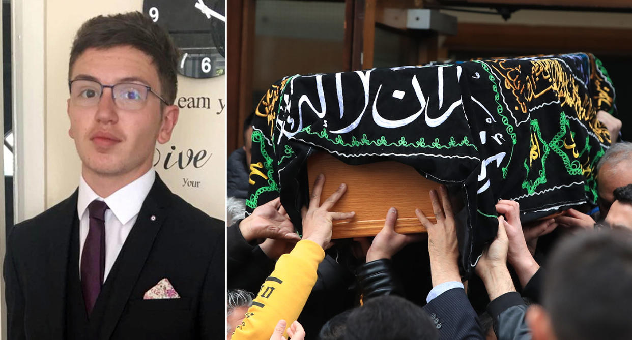 Fatal stabbing: Yousef Makki, 17, was killed in Cheshire after he was stabbed. Right, His coffin is carried out following his funeral (PA and Getty)