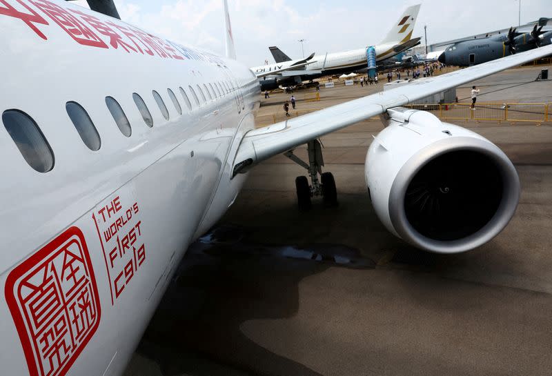 FILE PHOTO: A Comac C919 plane is displayed at the Singapore Airshow at Changi Exhibition Centre