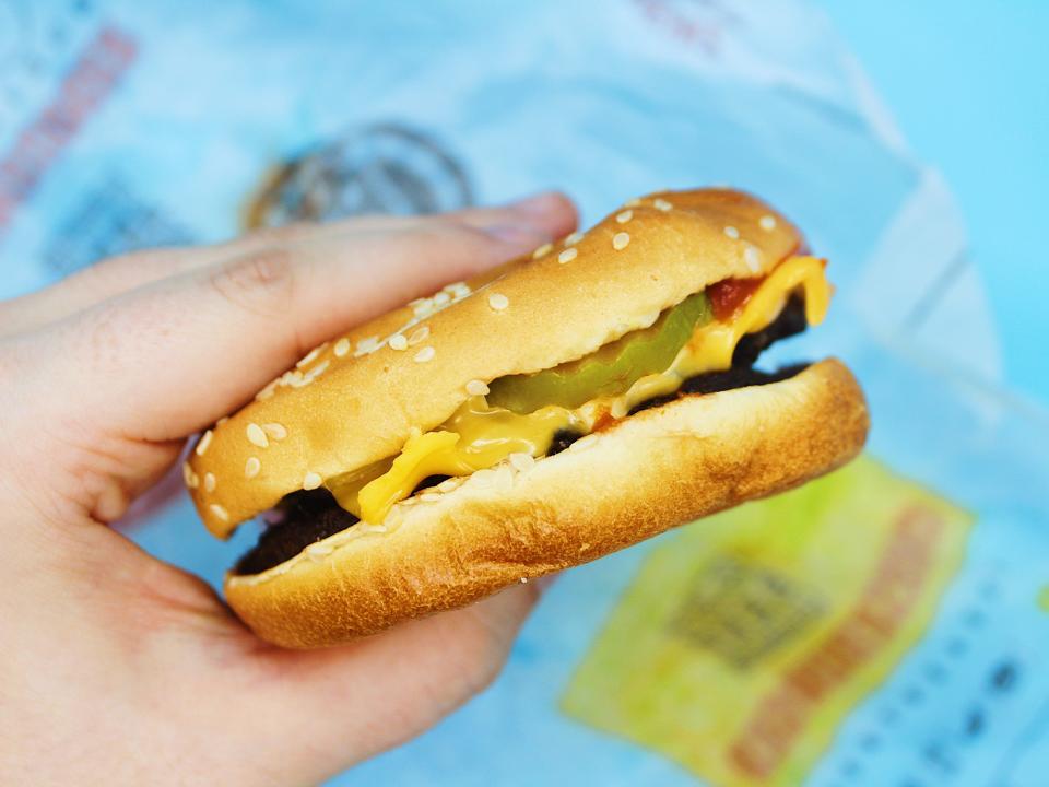 The author holds a burger king double cheeseburger
