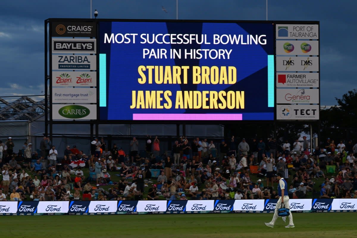 A sign signals an achievement by England’s Stuart Broad and James Anderson (Andrew Cornaga/AP) (AP)