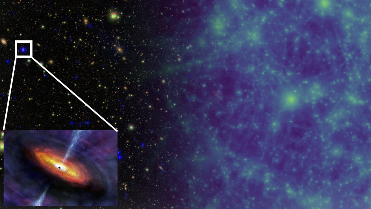  A spacey expanse that fades from starry black on the left to gaseous blue on the right half. A white square captures a small purple star on the left. White lines extend from the bottom corners to an image in the bottom left of yellow and red gas circling a black spot that shoots white light up and down. 