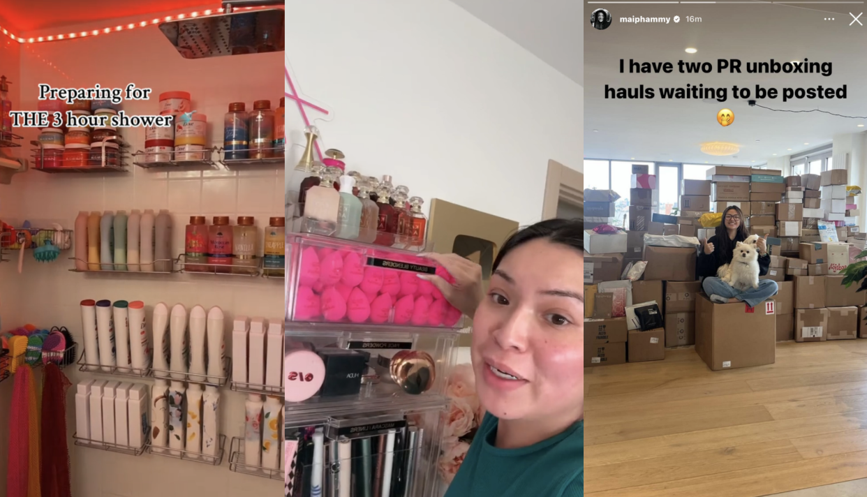 Three screenshots from TikTok videos show a shower wall with shelves full of products; a woman with shelves of beauty products; and a woman with dozens of unopened boxes.