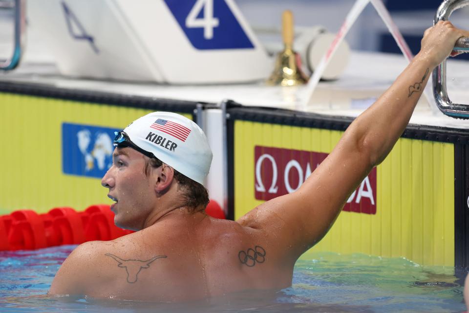 BUDAPEST, HUNGARY - JUNE 19: Drew Kibler of Team United States reacts after competing in the Men's 200m Freestyle heats on day two of the Budapest 2022 FINA World Championships at Duna Arena on June 19, 2022 in Budapest, Hungary. (Photo by Maddie Meyer/Getty Images)