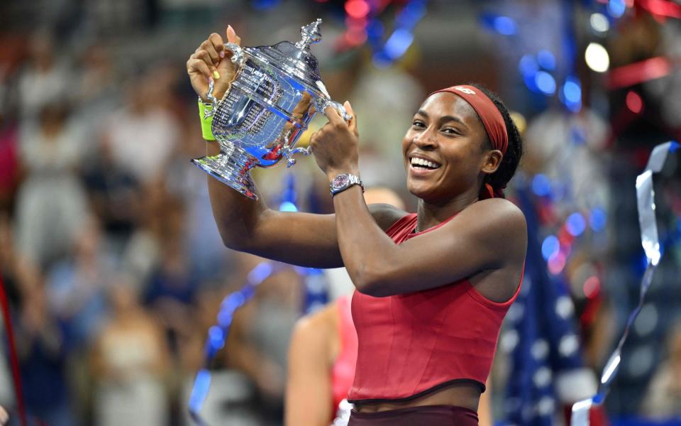 Coco Gauff with the US Open trophy at Flushing Meadows in September 2023