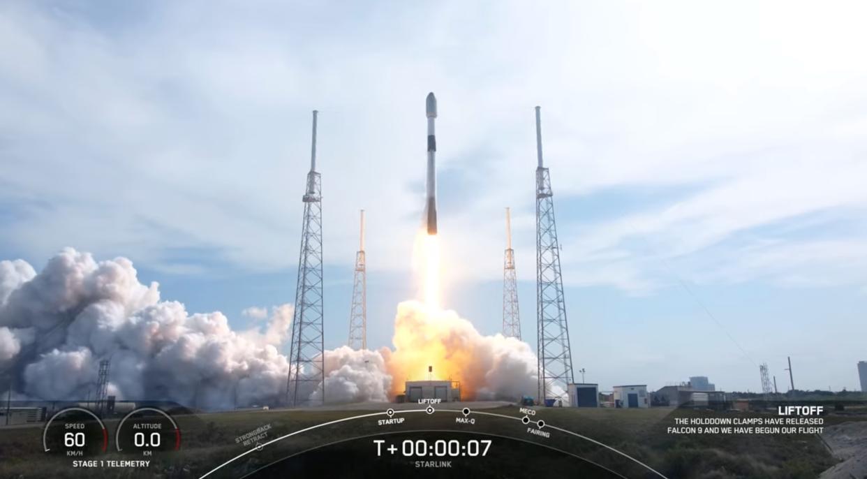  A SpaceX Falcon 9 rocket launches 56 of the company's Starlink internet satellites to orbit from Cape Canaveral Space Force Station on March 29, 2023. 
