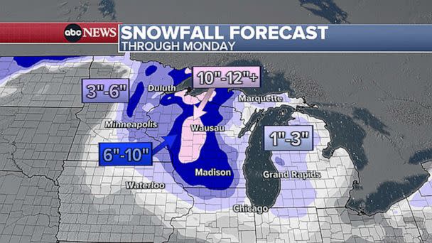 PHOTO: Through Monday, accumulating snow is forecast much of the Great Lakes region. The bulk of the snow will accumulate tonight into Monday morning. The snow will be heavy and wet, hard to shovel and potential leading to some power outages. (ABC News)
